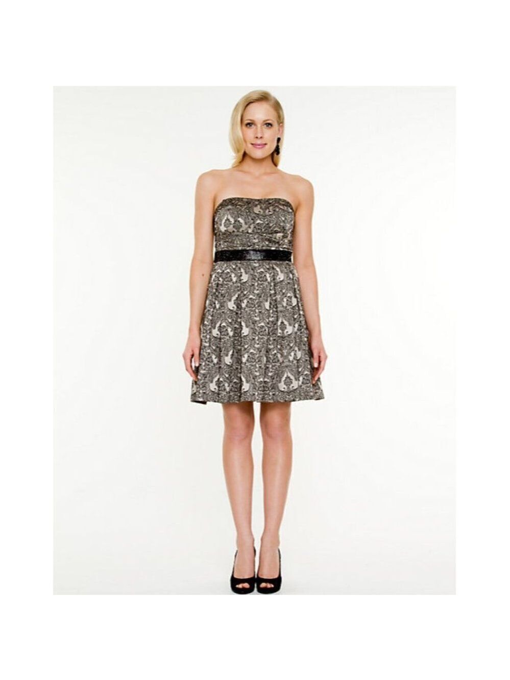 Le Chateau Jacquard Print Fit & Flare Dress Champagne & Black Size XXL